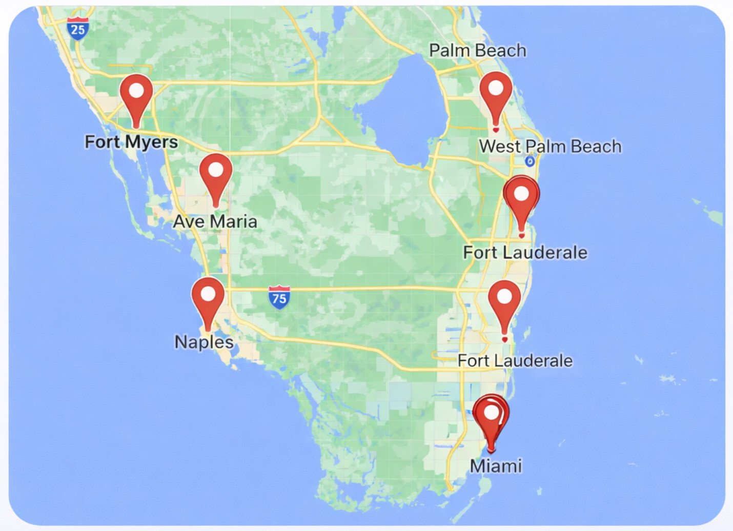 Coverage map showing South Florida service areas